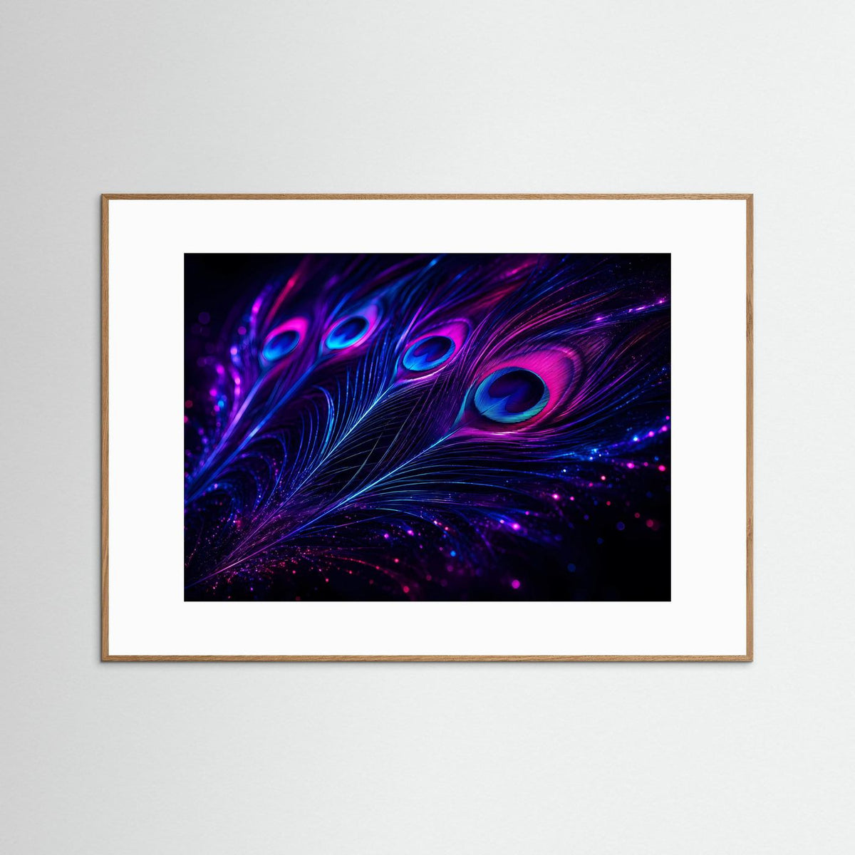 Leuchtende Pfauenfeder-Wandkunst mit Neon-Feder, magenta und blau, braun gerahmt