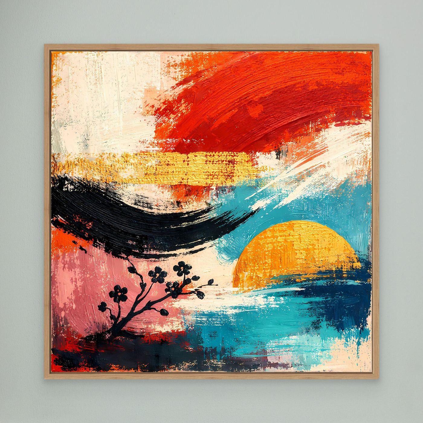 Abstraktes Wandbild mit hellem Holzrahmen: Kirschblütenzweig, roter Pinselzug, türkis-blaues Meer