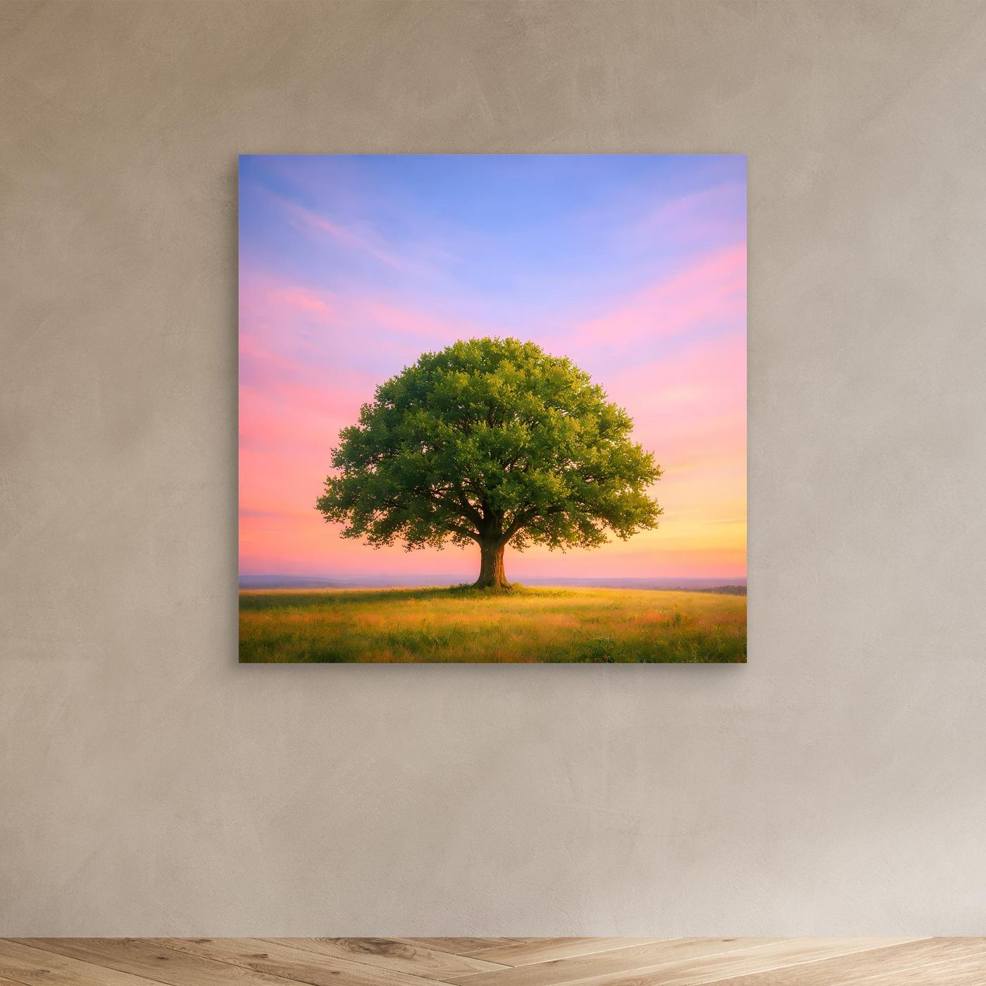 Leinwandbild: einzelne Eiche auf Wiese mit rosafarbenem Himmel im Sonnenuntergang.