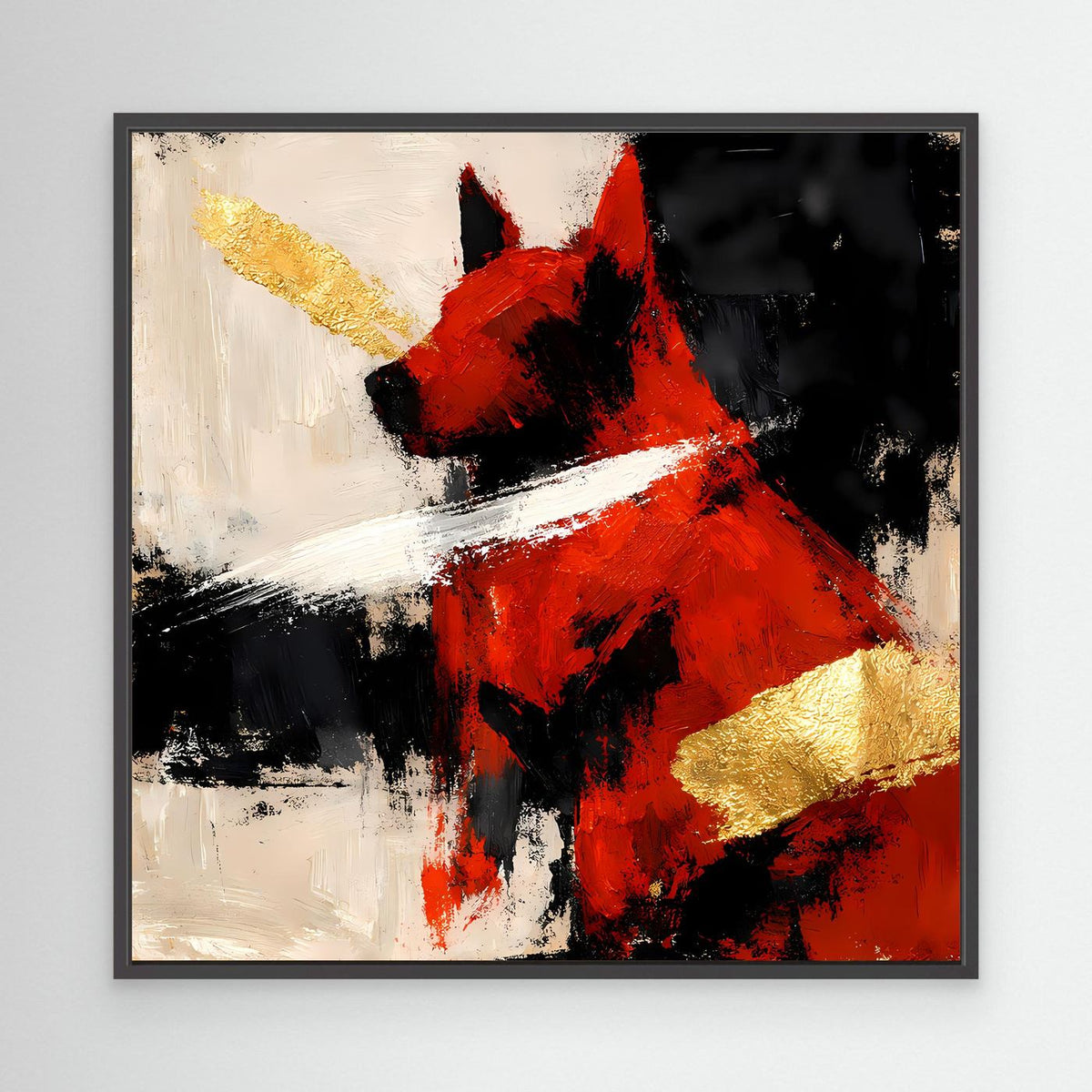 Leinwandbild mit abstraktem Hund in Rot und Gold, schwarzer Rahmen