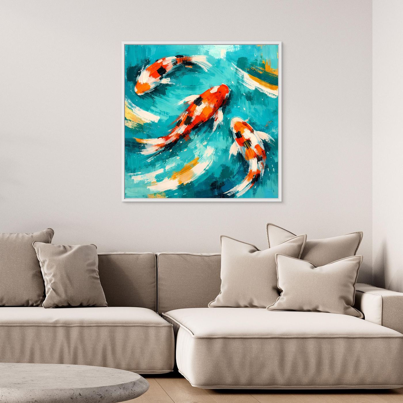 Leinwand Dynamische Koi-Karpfen im smaragdgrünen Wasser | Fernöstliches Wandbild auf Keilrahmen