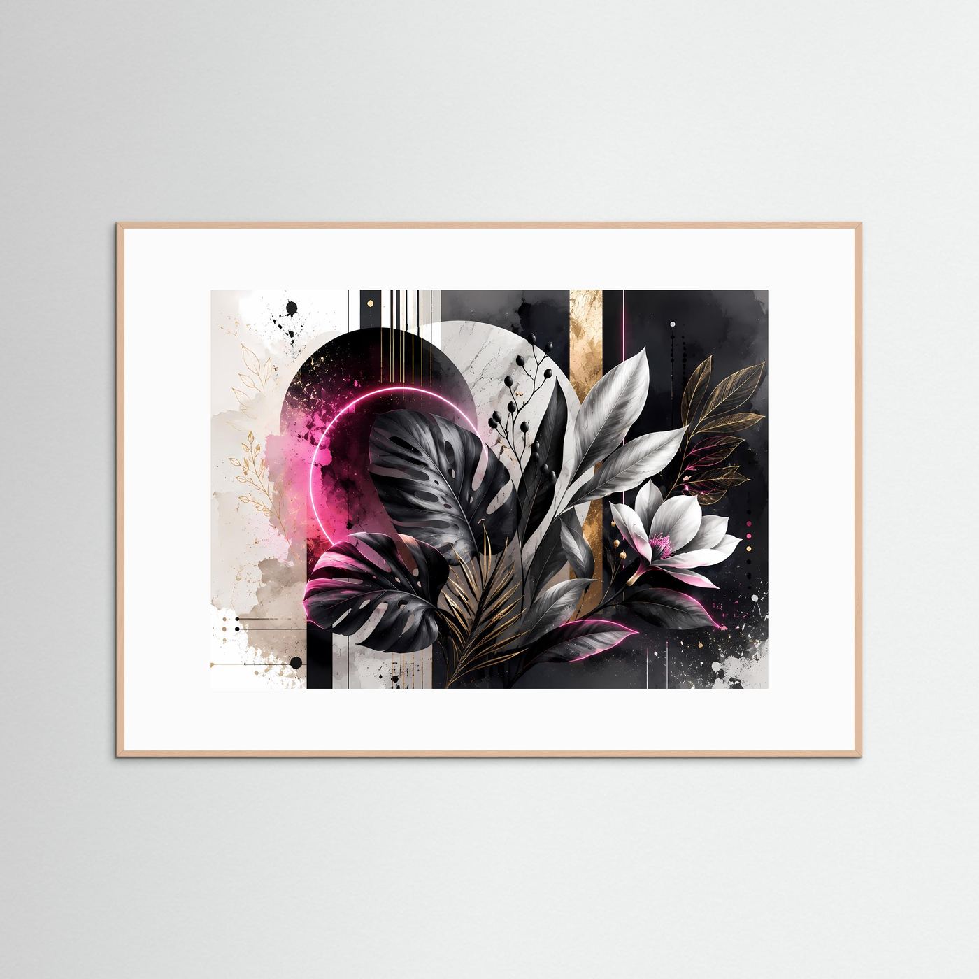 Abstrakte Botanik in Schwarz, Weiß & Pink | Monstera mit Neon & Gold – Moderne Wandkunst