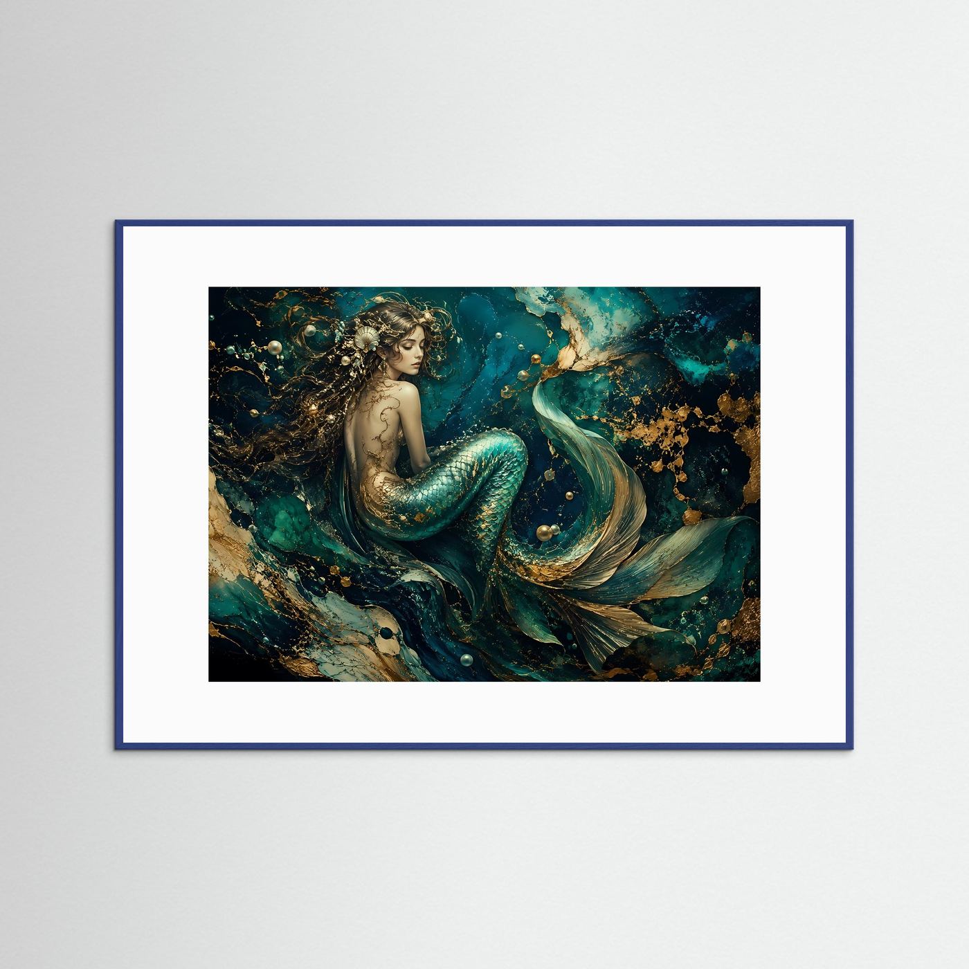 Mystische Meerjungfrau in Türkis & Gold | Luxuriöse Unterwasser Fantasy Kunst – Poster Querformat