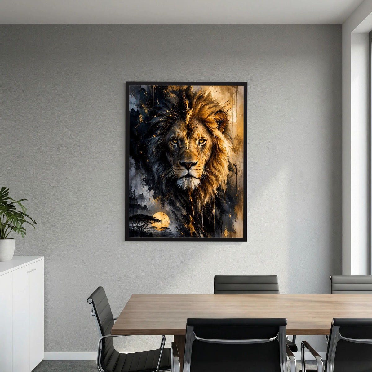 Löwenposter mit konzentriertem Löwenblick, goldener Mähne und dunklem, abstraktem Finish