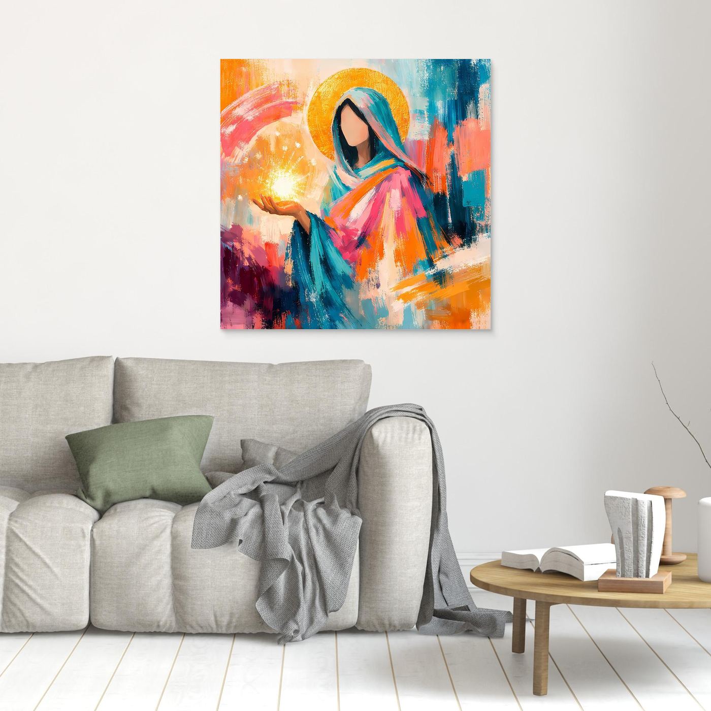 Wandbild: Mariafigur mit Heiligenschein und leuchtender Kerze, klein, weiß gerahmt