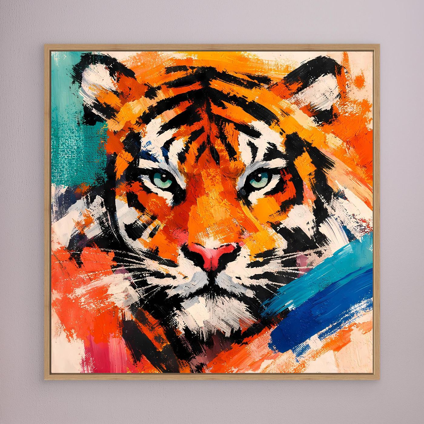 Abstract tiger canvas wall art with orange, teal, and white paints; wood-toned frame.