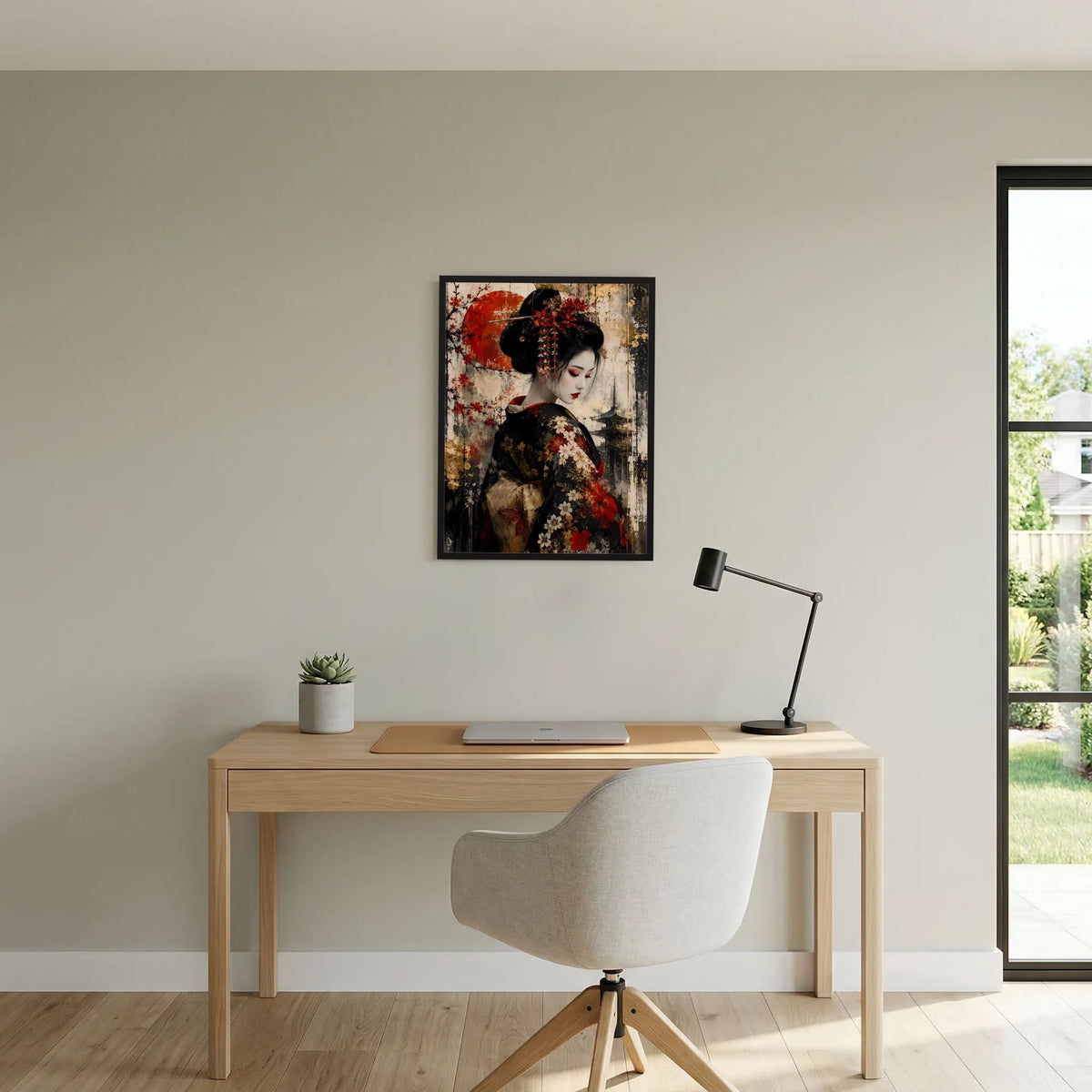 Hochformatiges Poster mit schwarzem Rahmen: Frau im Kimono-Look, schwarz, mit roten Blumenarrangements