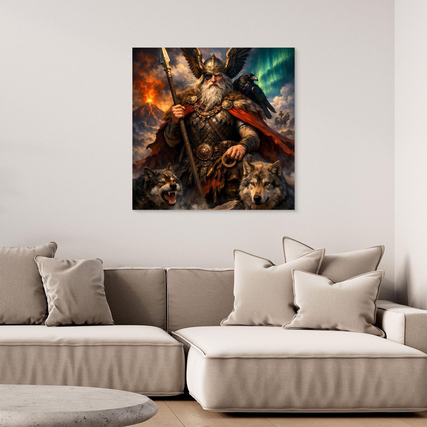 Leinwand Göttervater Odin mit Wölfen und Rabe | Mythologisches Wikinger Wandbild