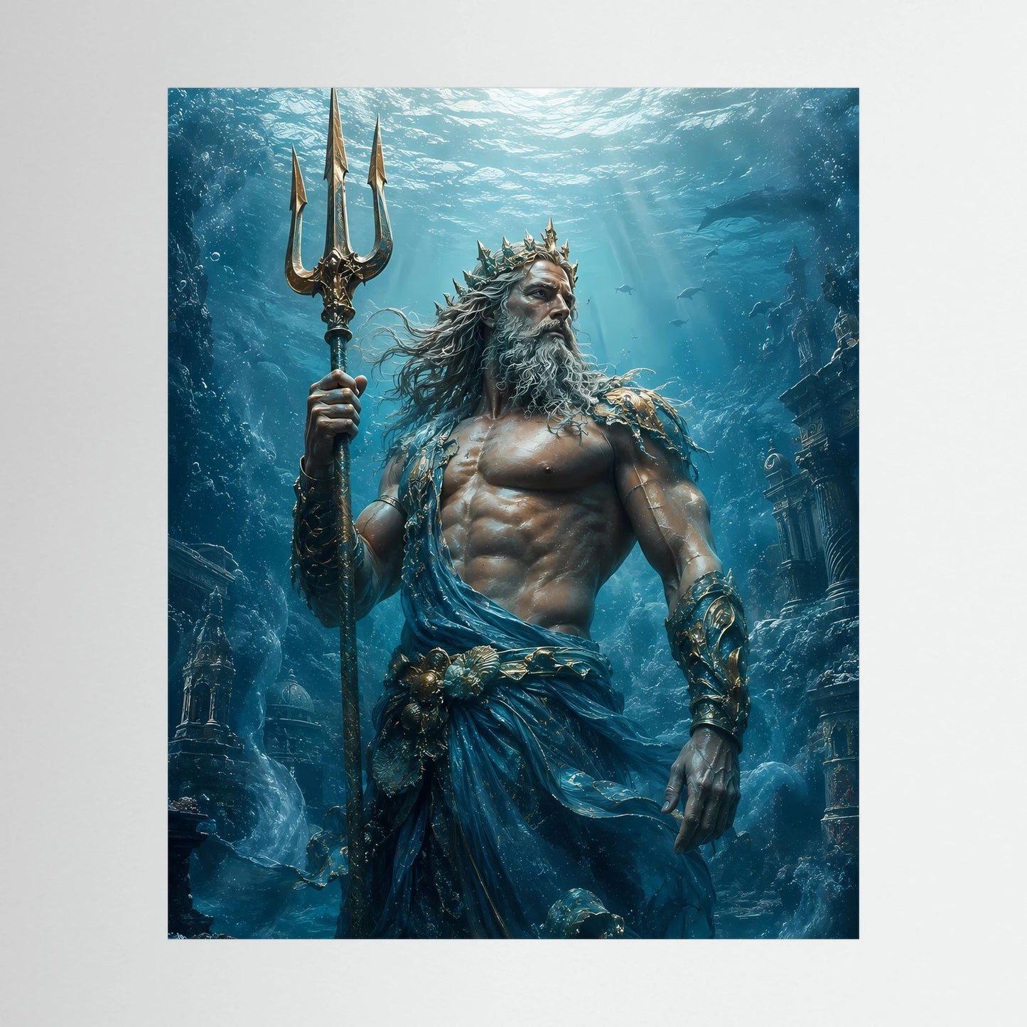 Hochformatiges Poster mit Poseidon, muskulöser Meeresgott mit Dreizack, in blauem Unterwasserbild