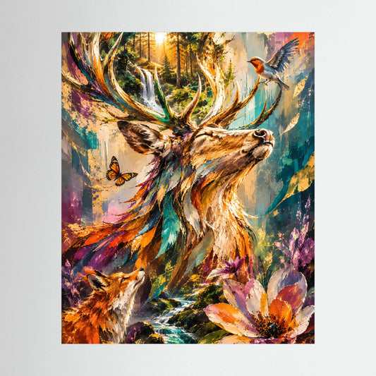 Buntes Hochformat-Poster mit Hirschkopf, Geweih, Vogel und Blumen