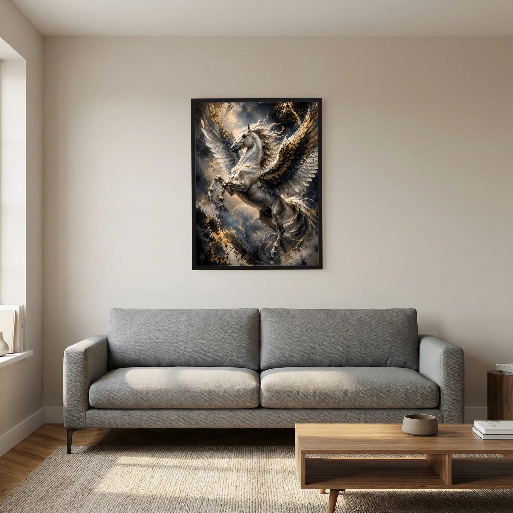 Hochformat-Poster: schwarzer Pegasus mit goldenen Flügeln, im schwarzen Rahmen