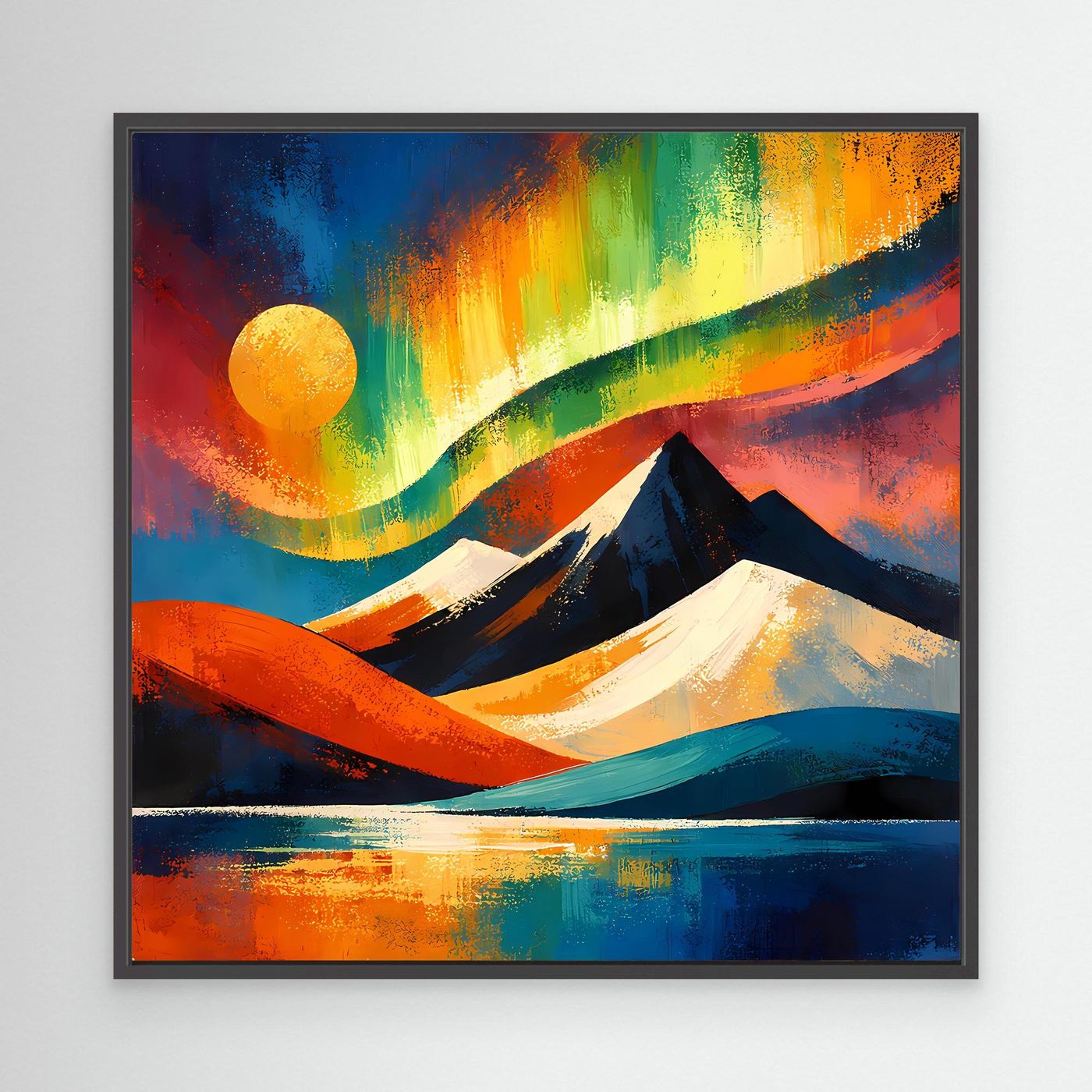 Leinwandbild mit schwarzem Rahmen: abstrakte Berglandschaft, bunte Pinselstriche und Sonne