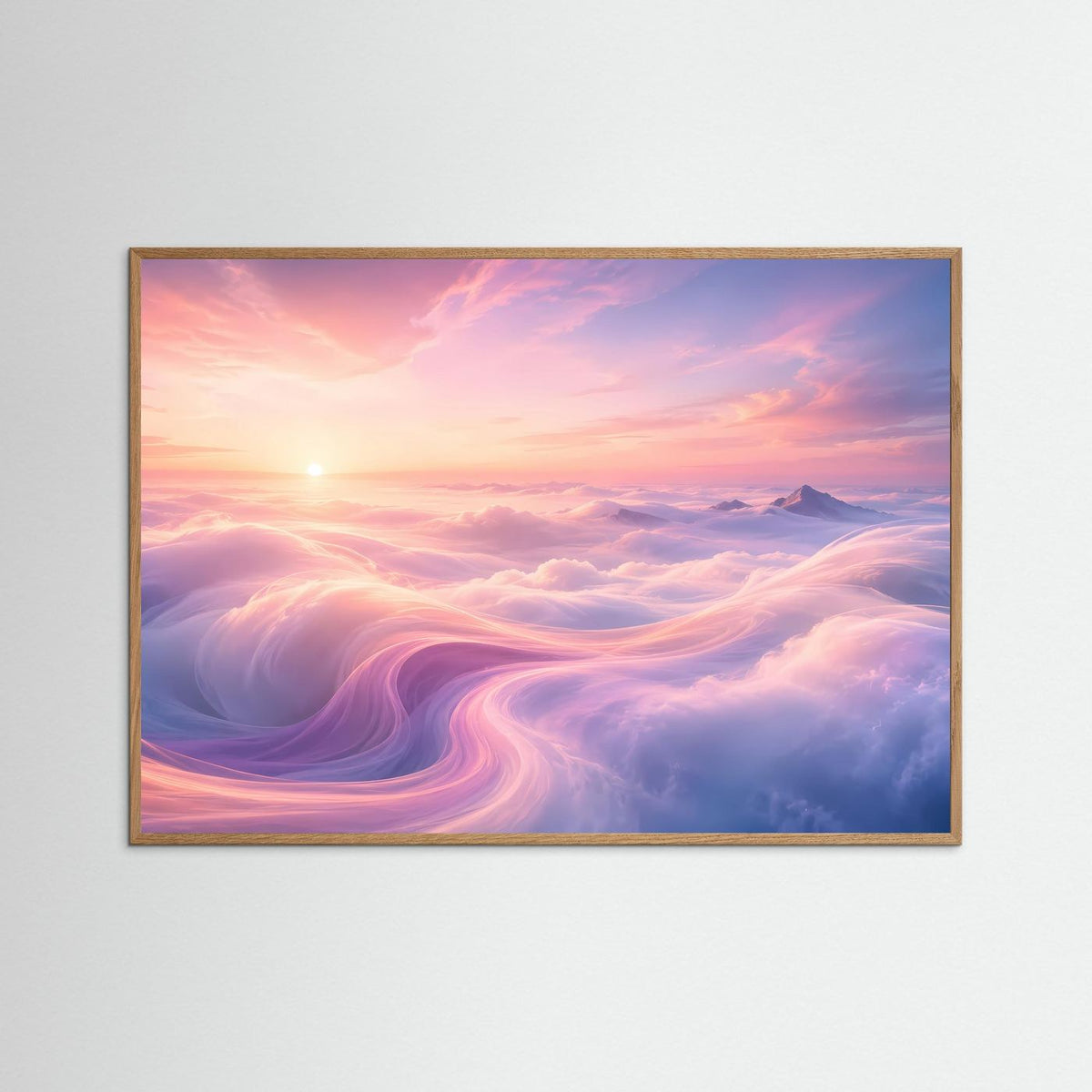 Poster im Querformat mit hellem Holzrahmen und Wolken bei Sonnenaufgang in Rosa und Blau.