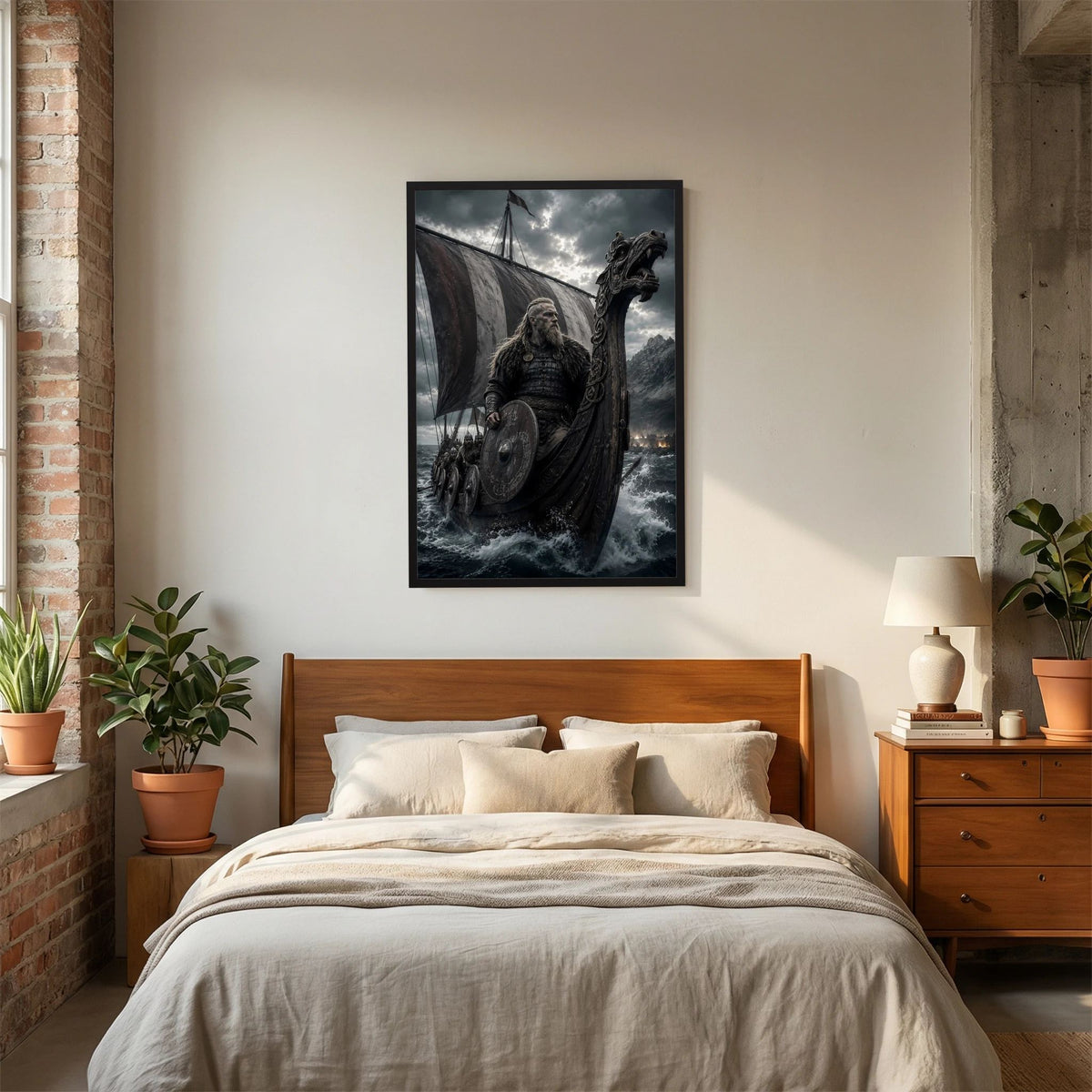Poster im schwarzen Rahmen mit Wikinger-Krieger, Schild und Drachenschiff am Sturmmeer