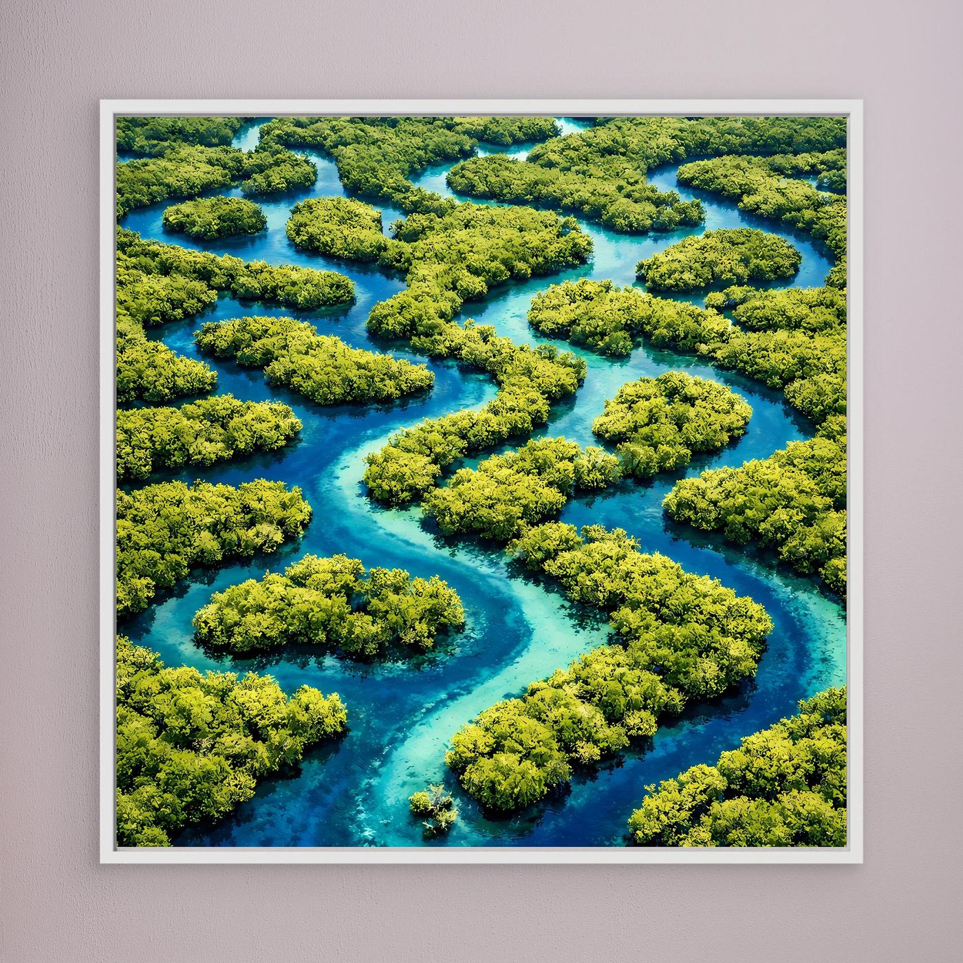 Leinwandbild mit blaugrünem Wasserlauf und üppigen grünen Inseln, weißer Rahmen