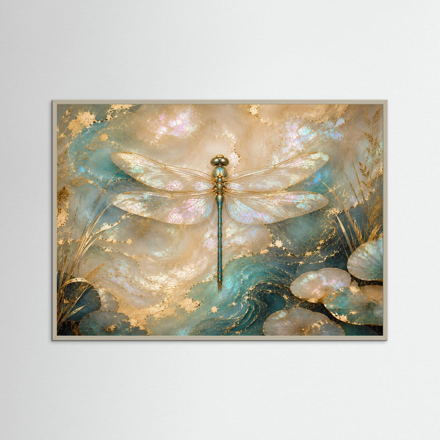 Wandkunst mit Libelle in Gold- und Perlmuttoptik, in hellem Holzrahmen
