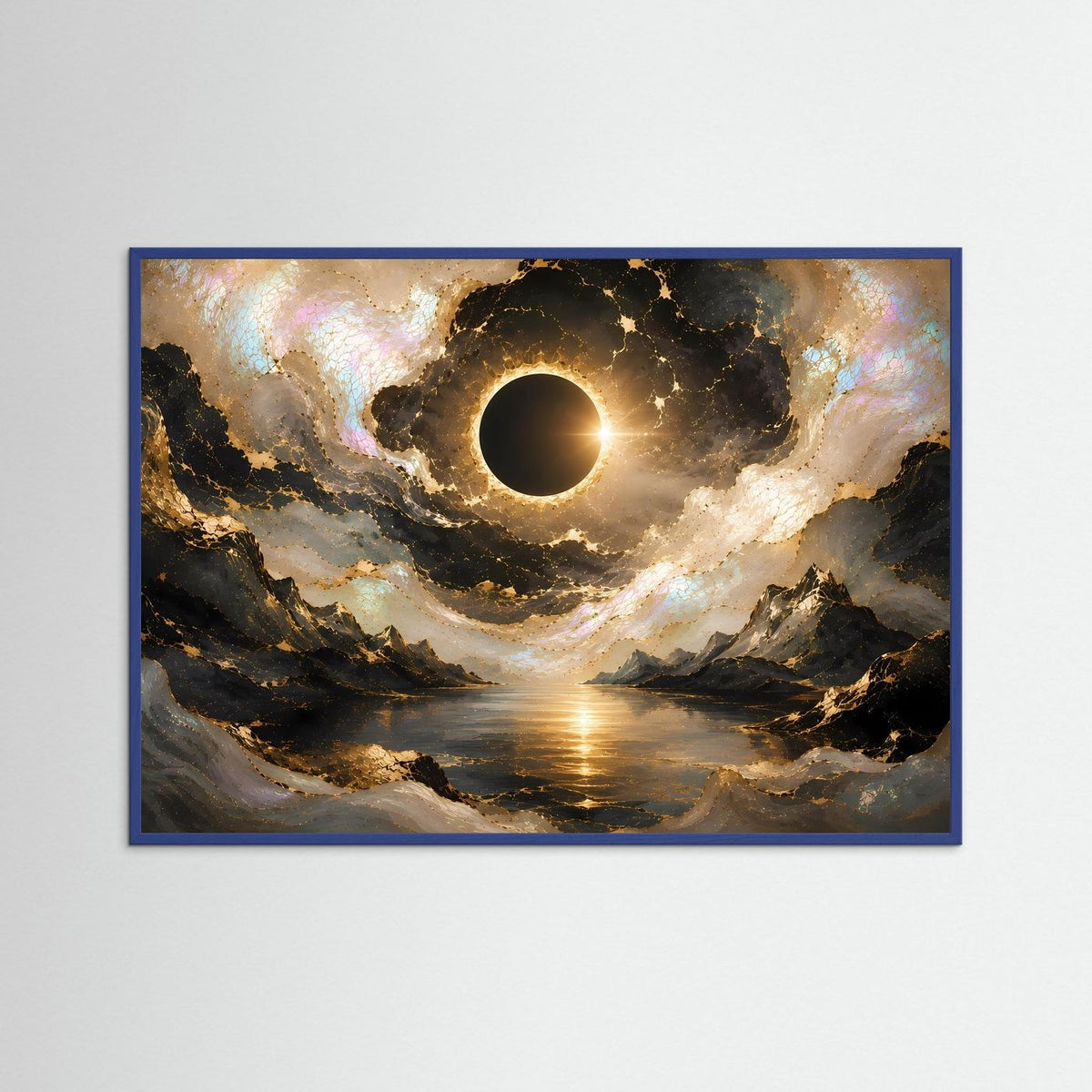 Querformat-Poster mit Sonnenfinsternis und Sternenring über Bergtal, goldene Reflexe