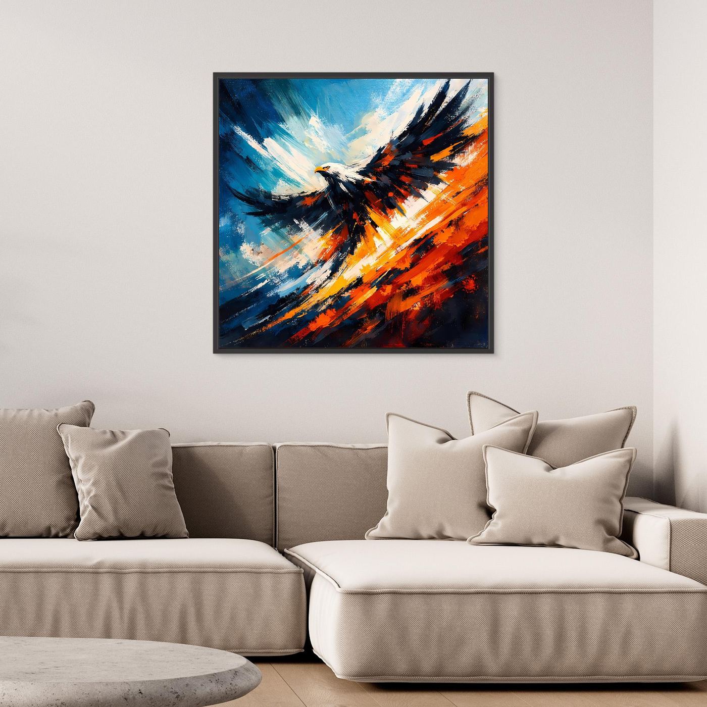 Abstraktes Wandbild mit Adler-Motiv, schwarzer Rahmen