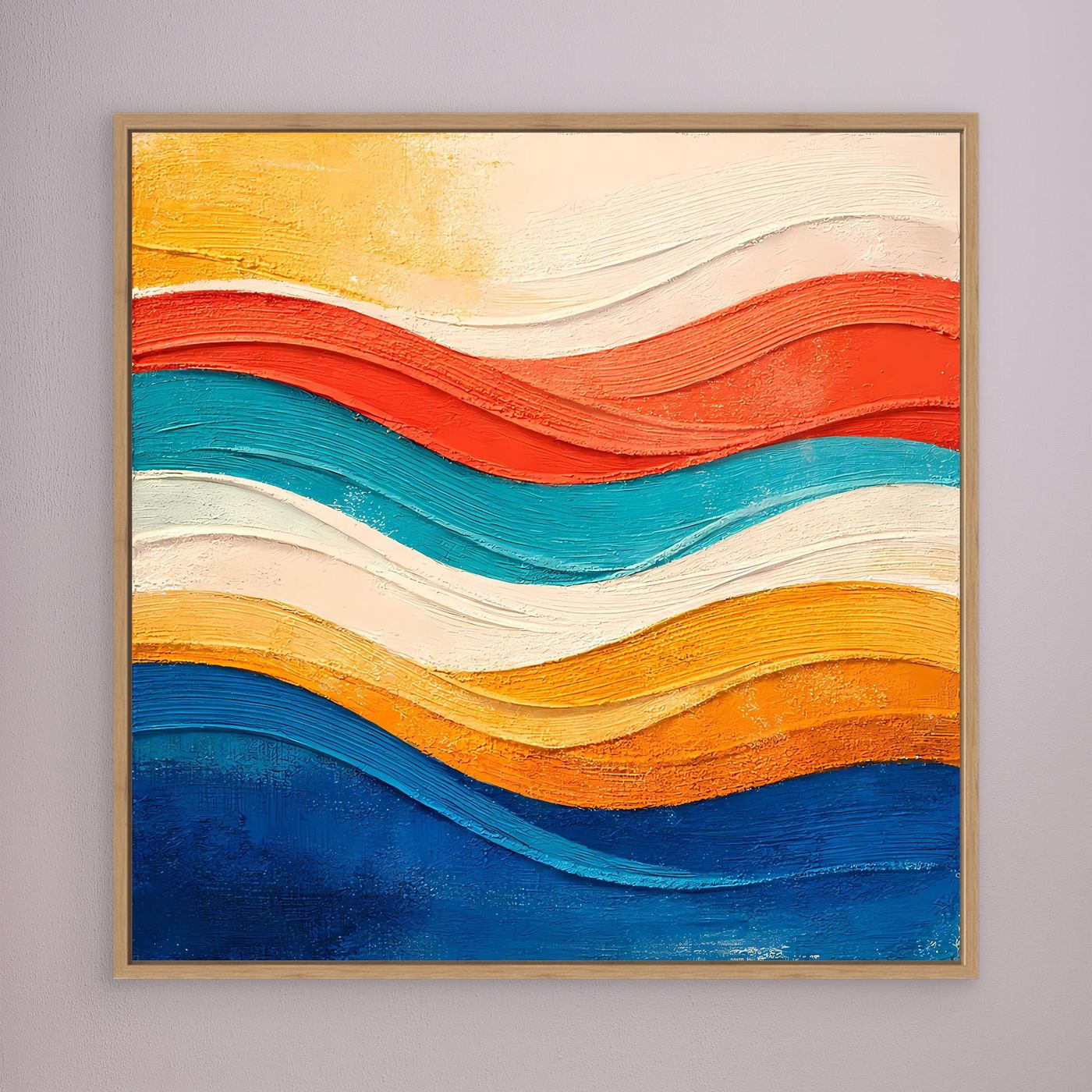 Abstraktes Leinwand-Wandbild mit wellenförmigem Relief, brauner Holzrahmen