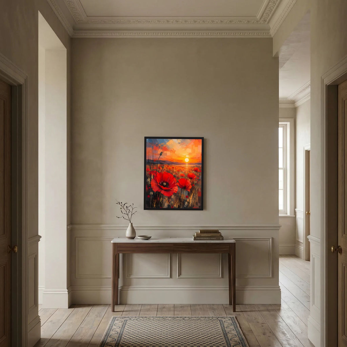 Gerahmtes Poster mit roten Mohnblumen im abstrakten Sonnenuntergang in der Nische