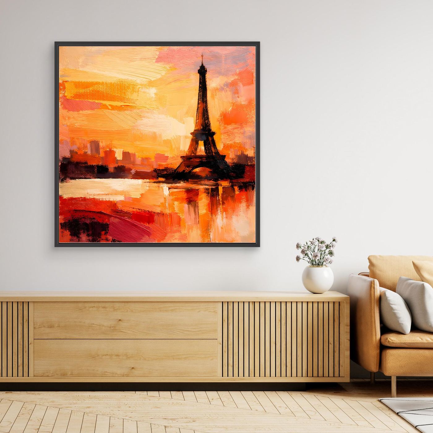 Leinwand Abstraktes Eiffelturm Paris Gemälde | Modernes Romantisches Wandbild Sonnenuntergang