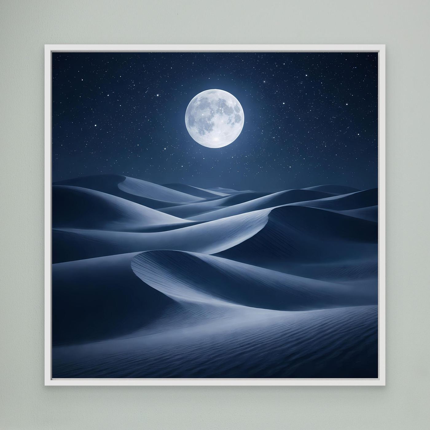 Quadratisches Leinwandbild: Vollmond über Wüstendünen, weißer Rahmen