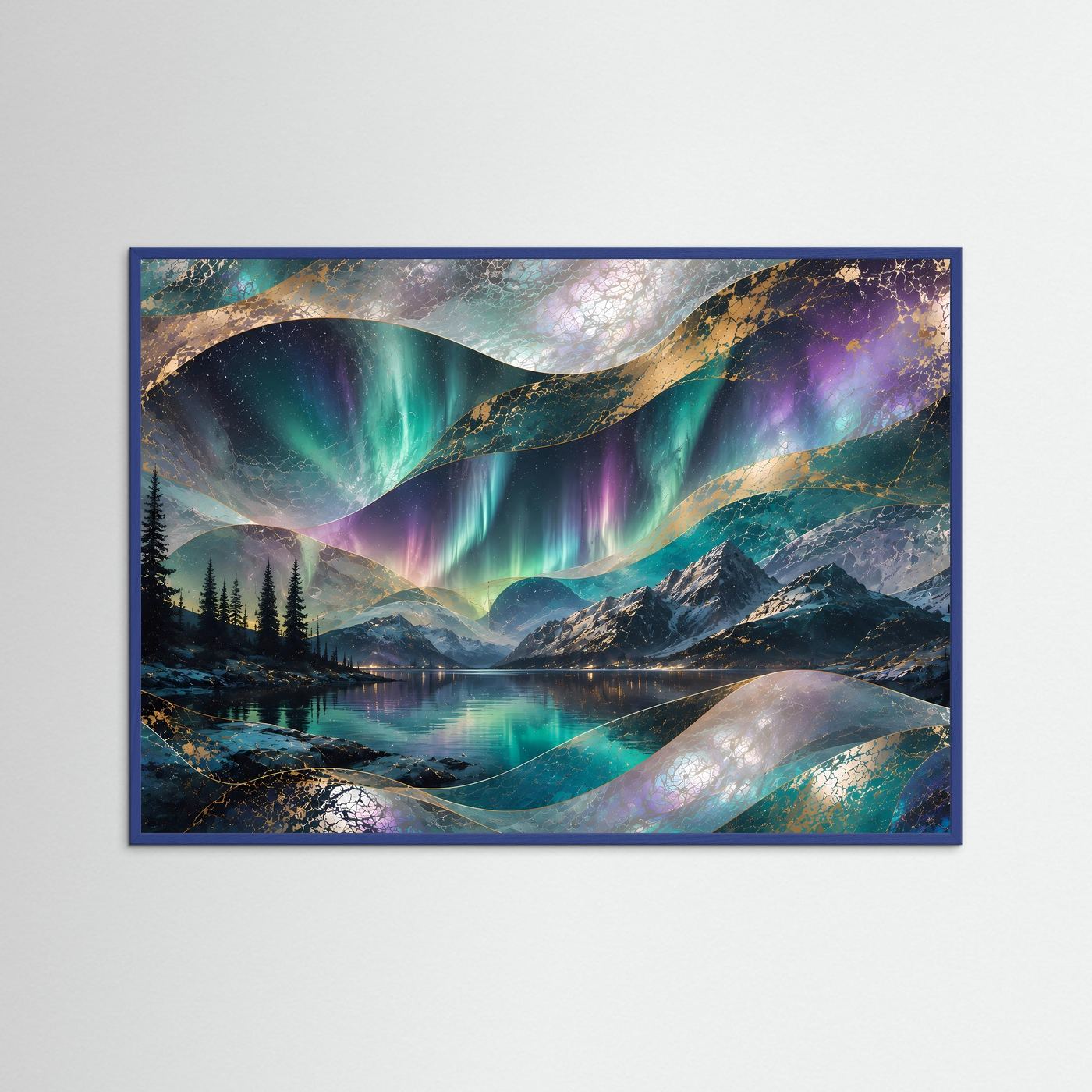 Aurora-Poster im Querformat mit blauem Holzrahmen, türkis-violetten Lichtbögen über Gebirge