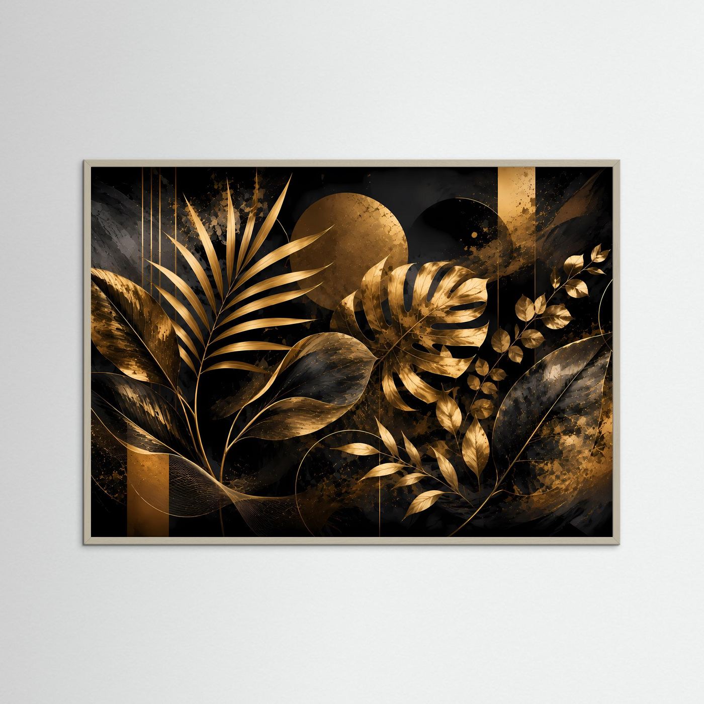 Querformat-Poster mit abstrakten Pflanzenblättern, Schwarz-Gold, im grauen Rahmen