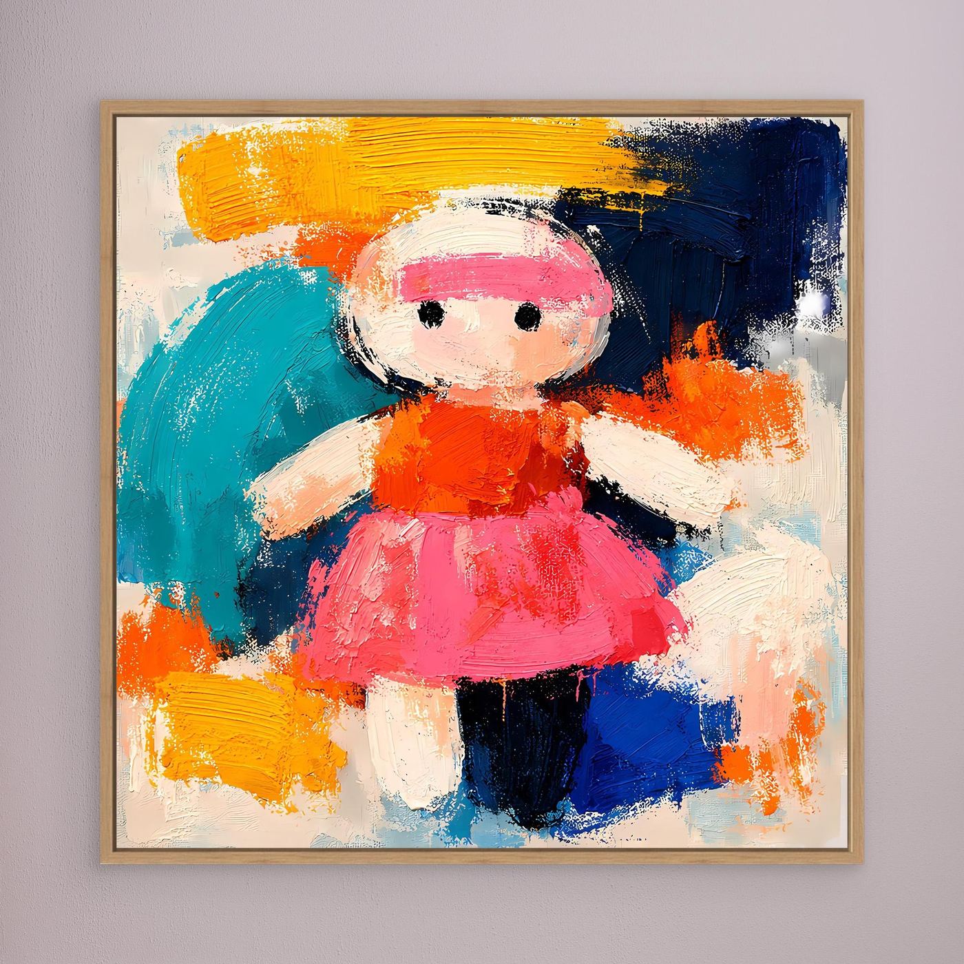 Abstract doll canvas wall art with pink hat and bright dress, oak wood frame