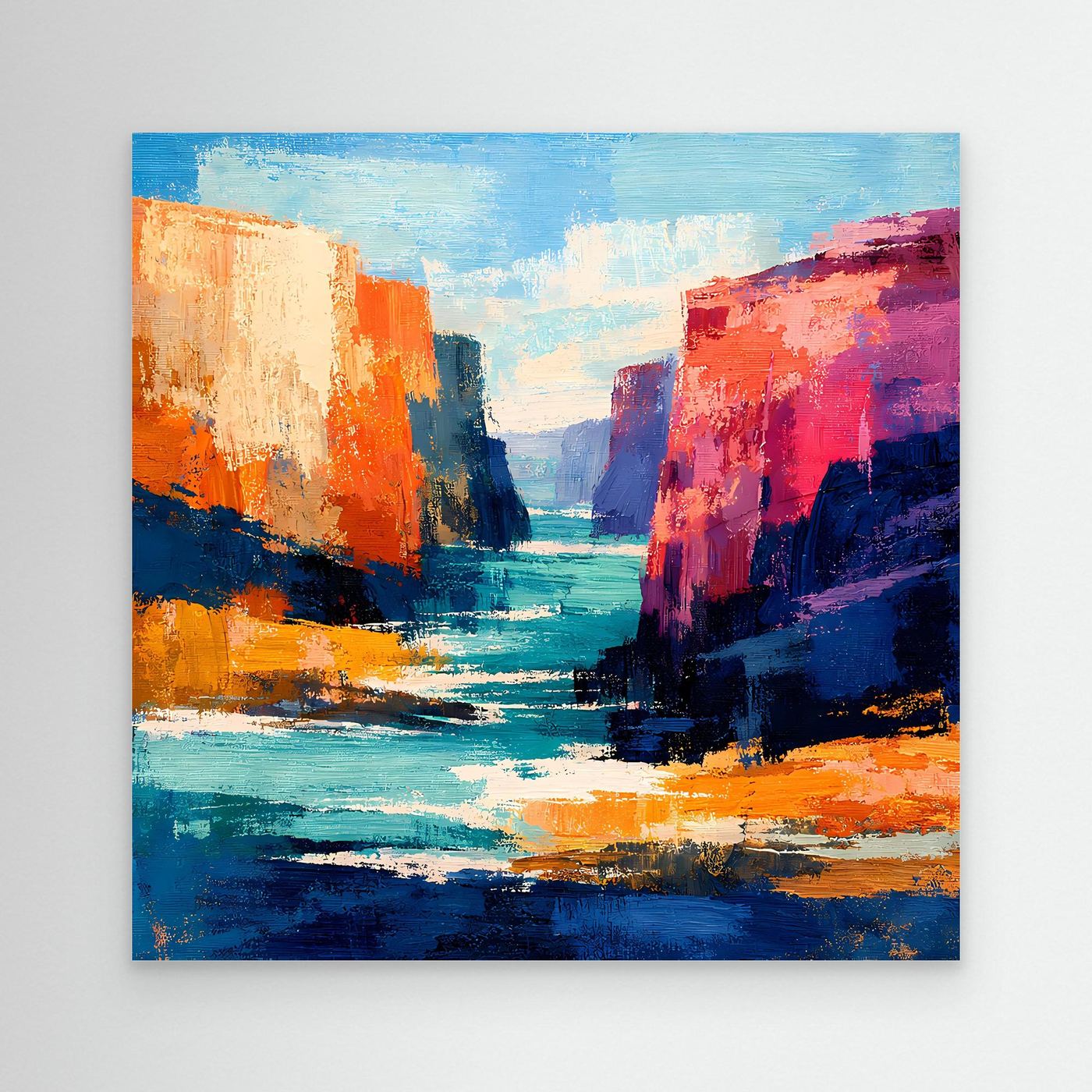 Abstraktes Leinwandbild mit Fluss und farbigen Felswänden, ohne Rahmen