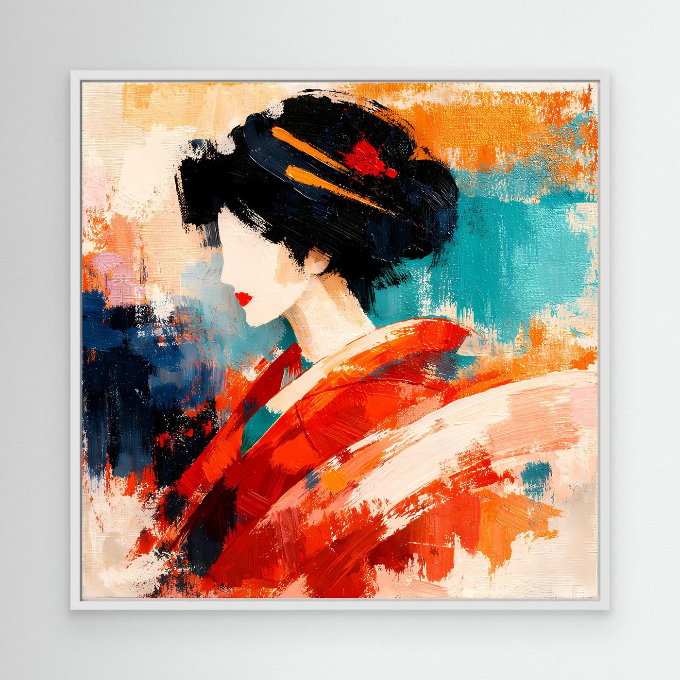White-framed canvas wall art of a geisha in a red kimono with dark hair and bold brushstrokes