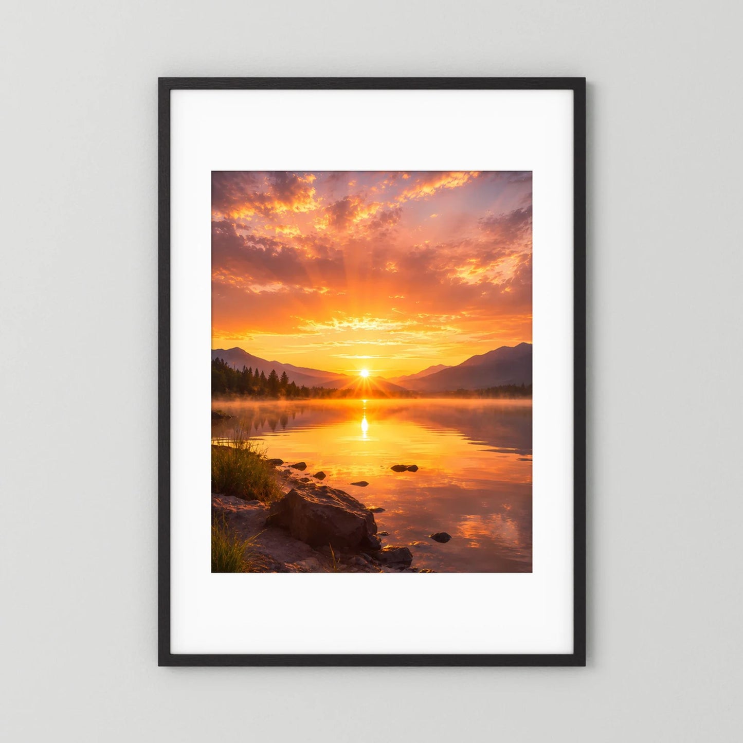 Hochformat-Poster Sonnenuntergang am Bergsee im schwarzen Rahmen mit weißem Rand