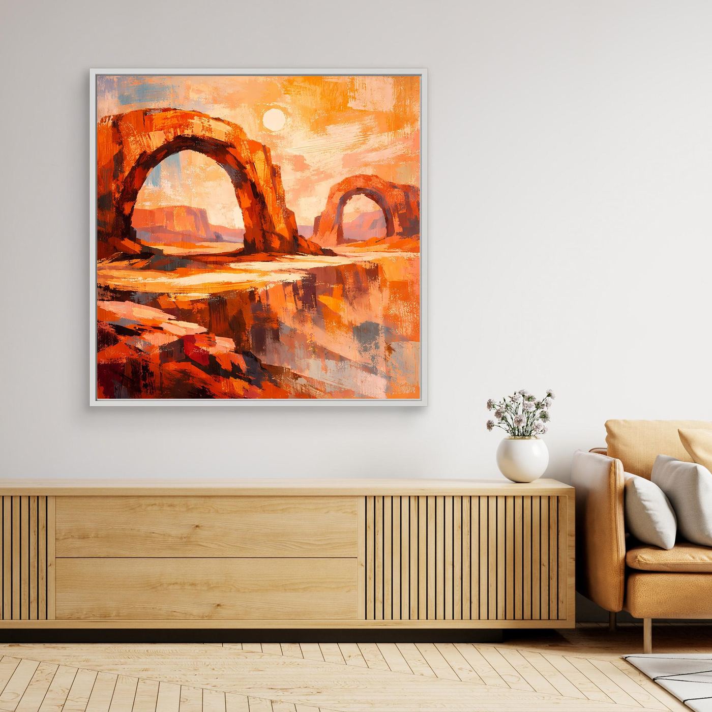 Abstraktes Leinwand-Wandbild mit Wüstenbögen in Orange/Grau, weiß gerahmt.