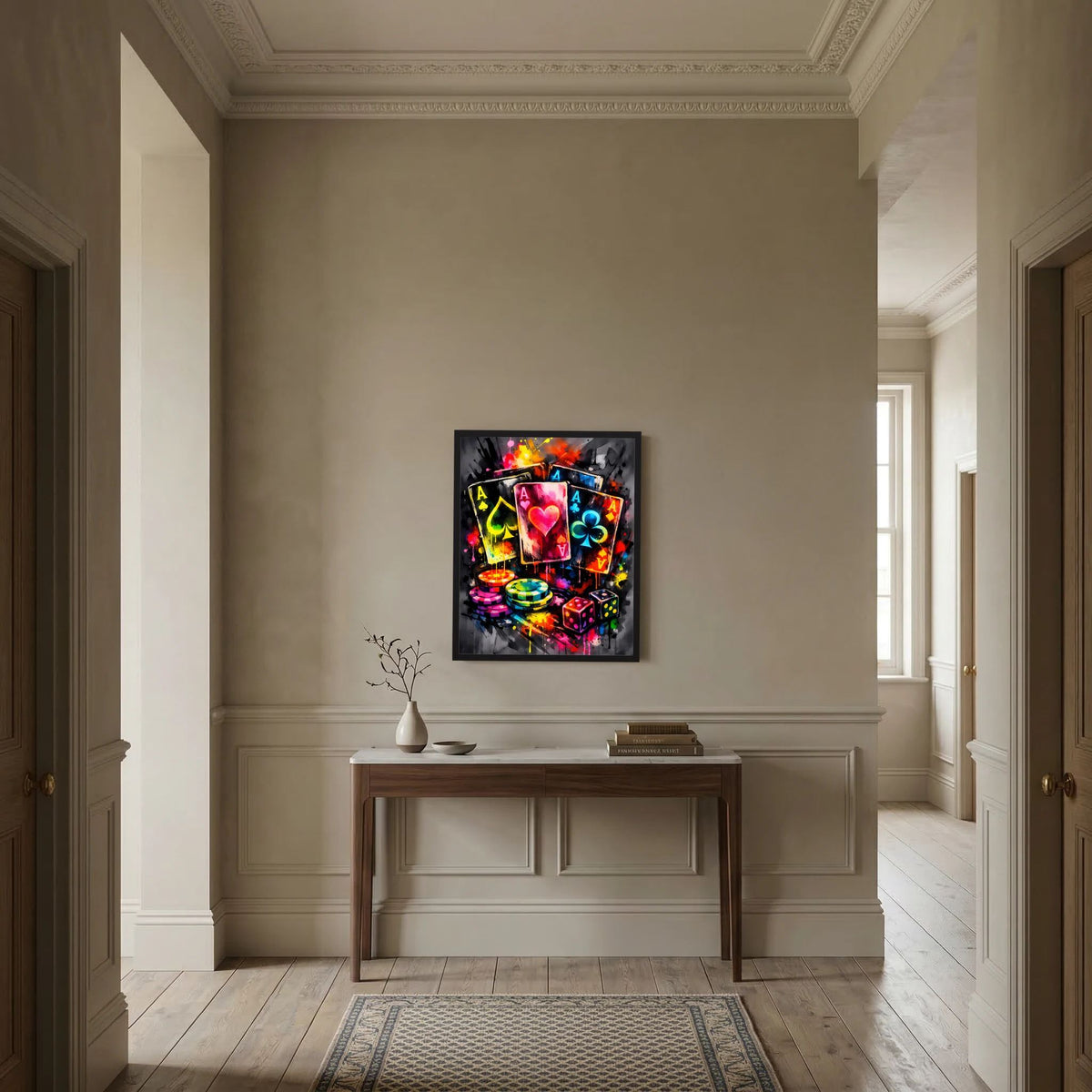Kunstposter in schwarzer Umrahmung mit Neon-Spielkarten, Pokerchips und bunten Würfeln