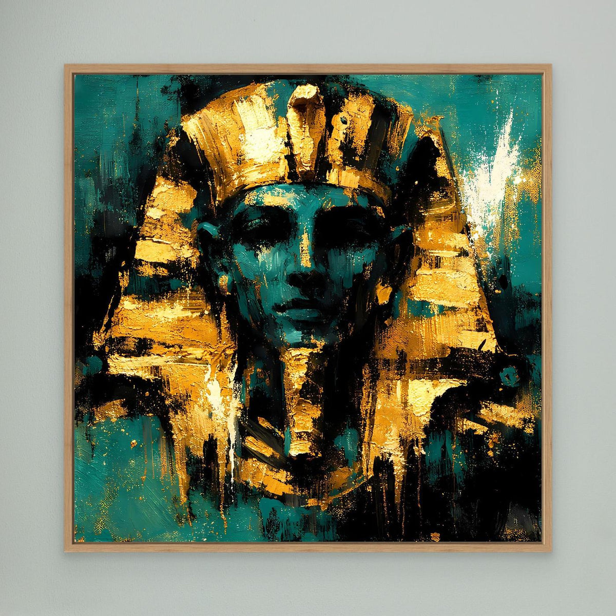 Leinwand-Wandbild mit Pharao in Türkis und Gold, Eichenrahmen