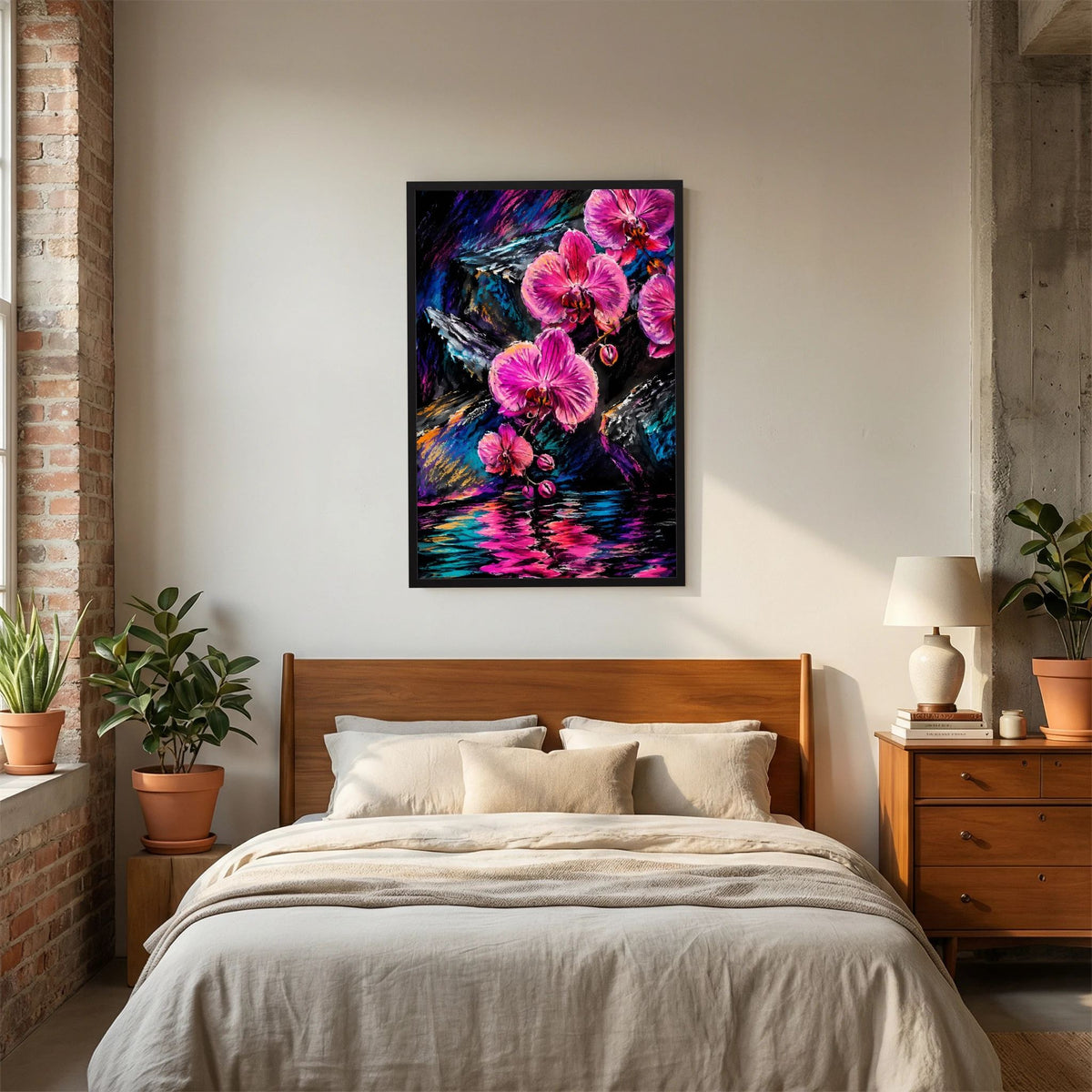 Abstraktes Orchideen-Poster mit pinken Blüten, schwarzer Rahmen.