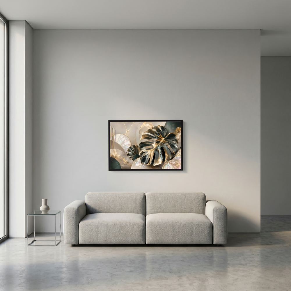 Wandposter mit goldenen Monstera-Blättern auf cremefarbenem Hintergrund, schwarzer Rahmen
