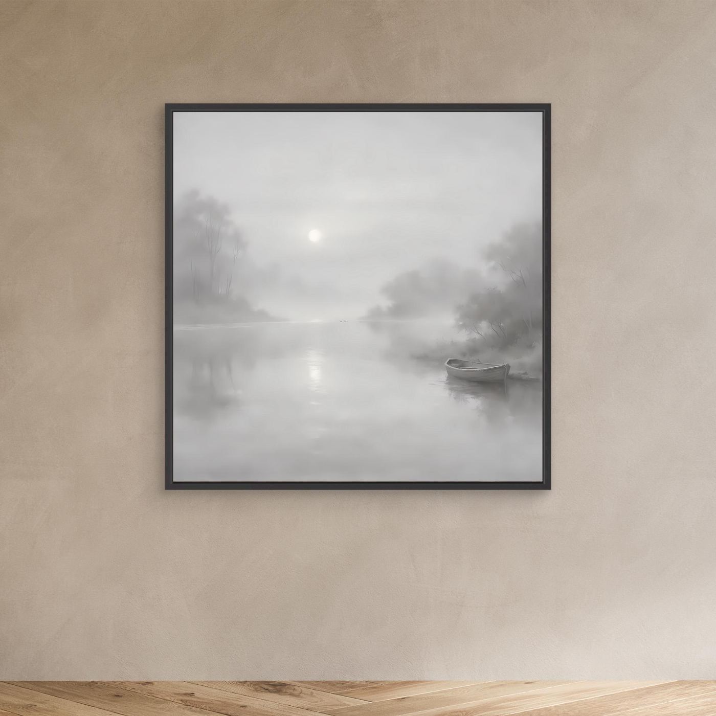 Leinwandbild mit nebligem Flussmotiv in Grau, quadratisch, schwarzer Rahmen
