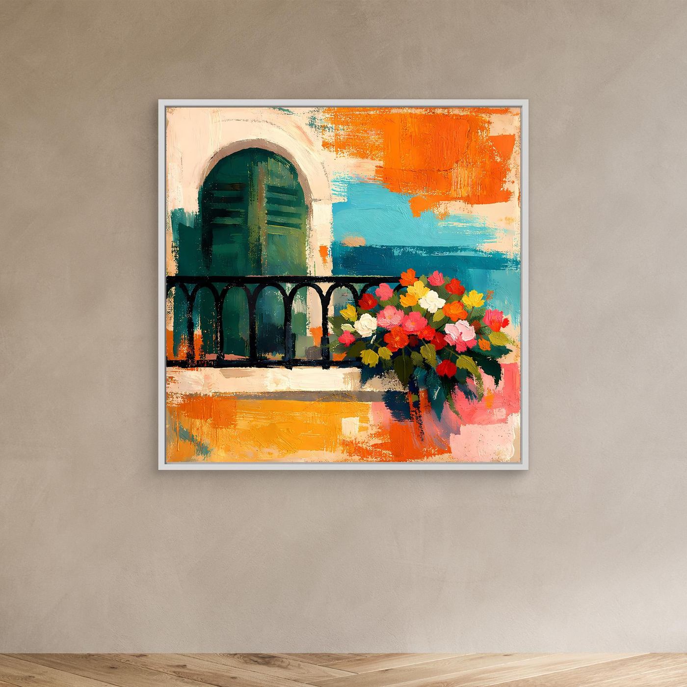 Abstract Mediterranean balcony wall art with flowers and arched window, white frame