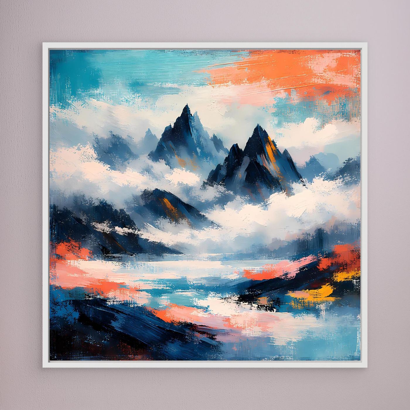Wandbild mit abstrakten Berggipfeln im Nebel, blau-grau, orange Pinselstriche, weißer Rahmen