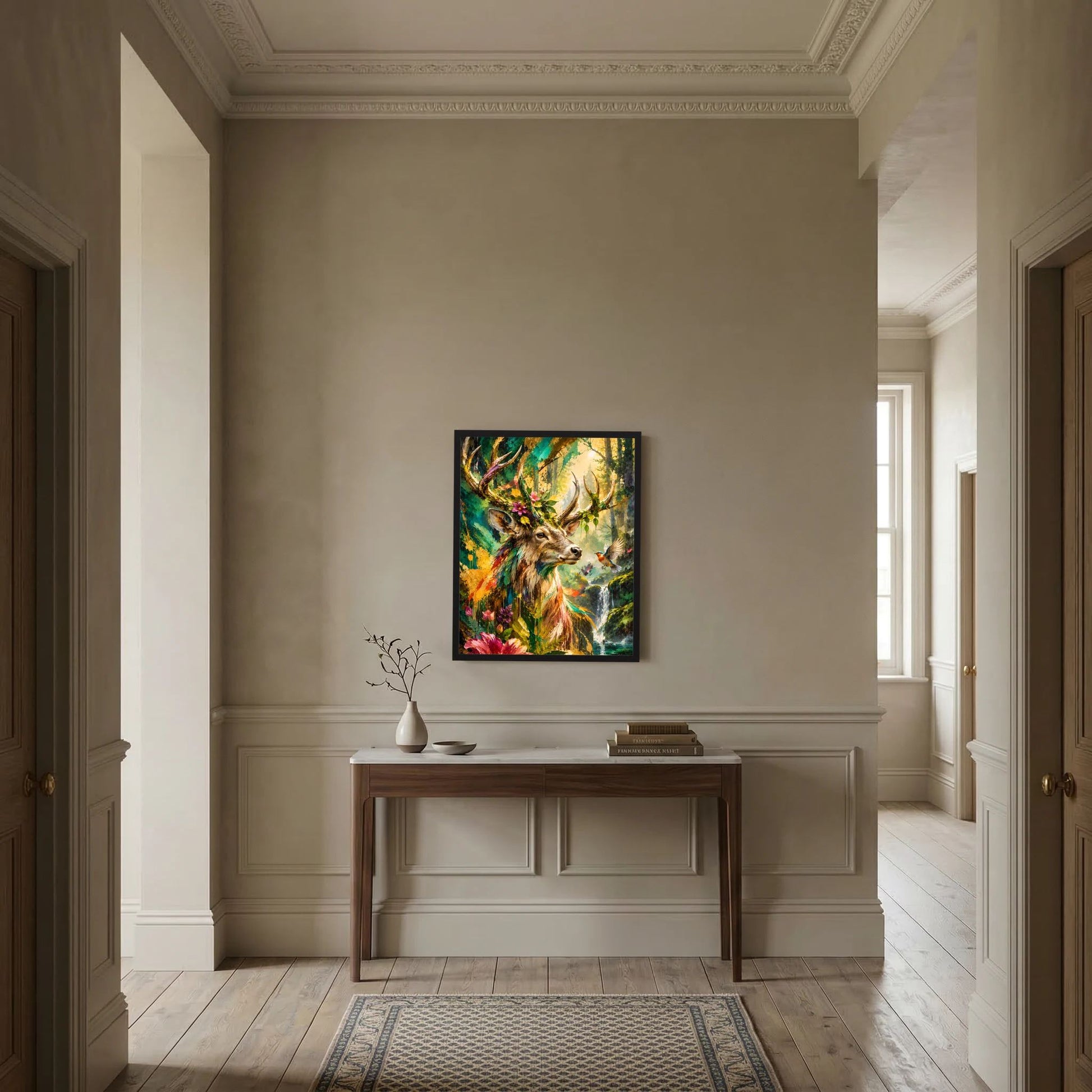 Gerahmtes Tierposter mit Hirsch im Zauberwald, Blumen und Wasserfallmotiv
