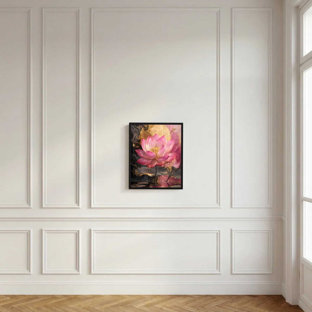 Lotusblumen-Wandbild mit schwarzem Rahmen, rosa Lotusblüte und goldene Textur