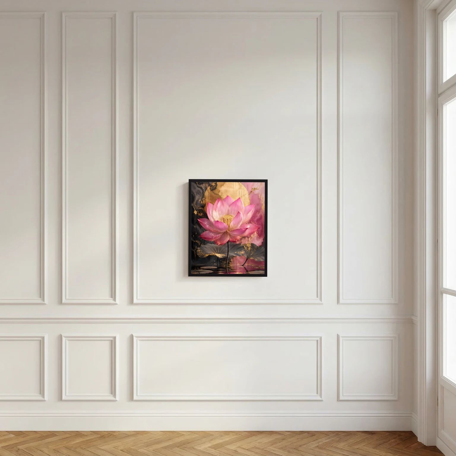 Lotusblumen-Wandbild mit schwarzem Rahmen, rosa Lotusblüte und goldene Textur