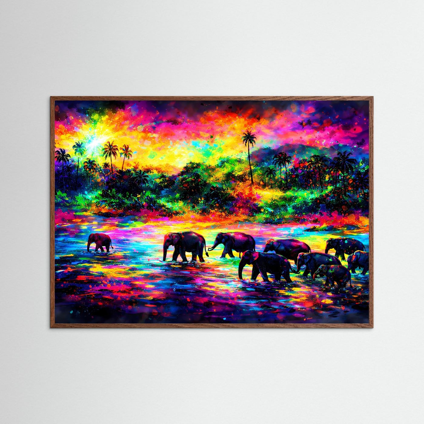 Kunstdruck im dunklen Eichenrahmen: Elefantenherde am Tropenfluss mit Neon-Himmel und Palmen