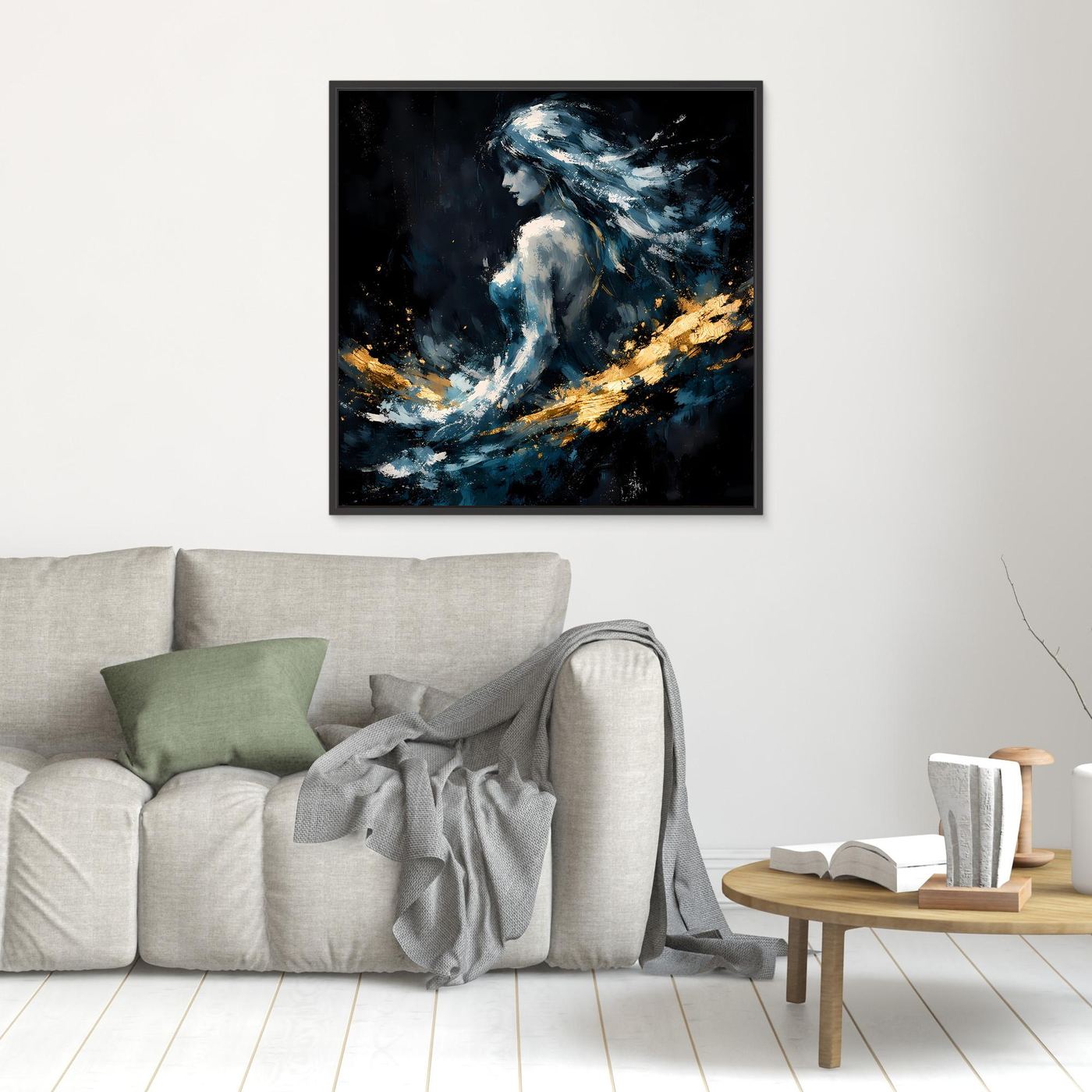 Leinwand Mystische Frauen-Figur in Blau und Gold | Modernes Abstraktes Fantasie Wandbild