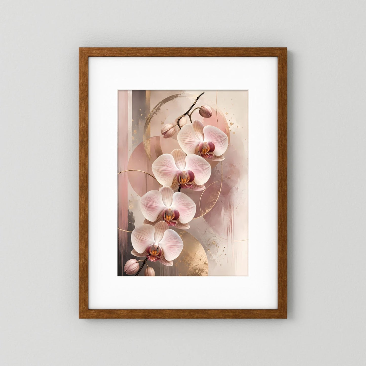 Gerahmtes Orchideen-Poster in Rosé mit Weißmatte und Holzrahmen