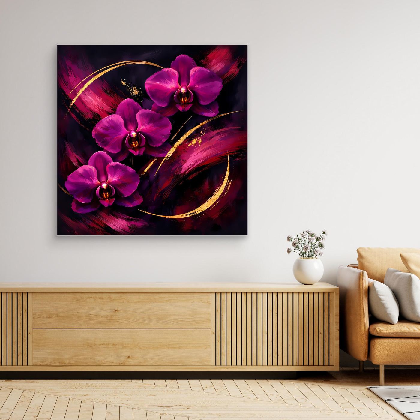 Leinwandbild mit magenta Orchideen und goldenen Kreislinien im dunklen abstrakten Design