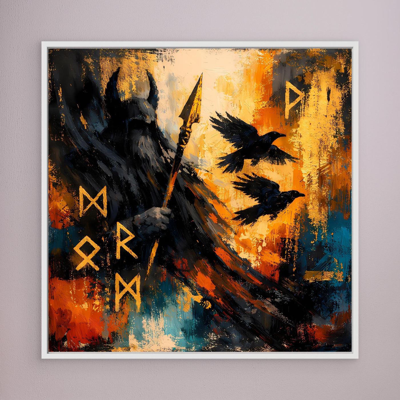 Abstraktes Leinwandbild mit Odin-Silhouette, Speer und Runen, weißer Rahmen