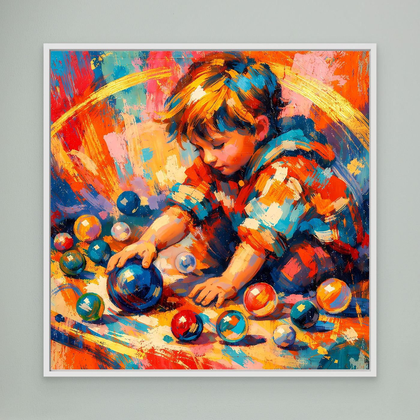 Gerahmtes Leinwandbild: abstraktes Kinderportrait mit bunten Farben, weißer Rahmen