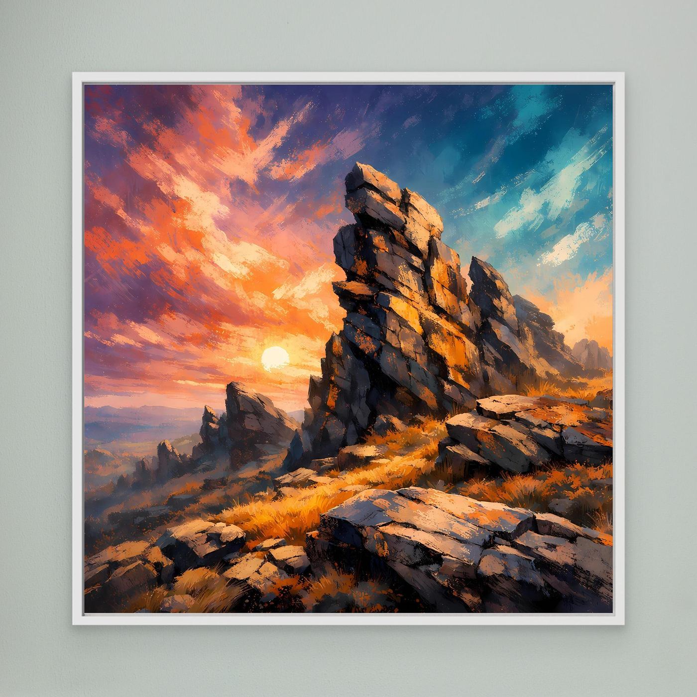 Premium Leinwand Monumentale Felsformation im Sonnenuntergang | Abstraktes Gebirge Wandbild